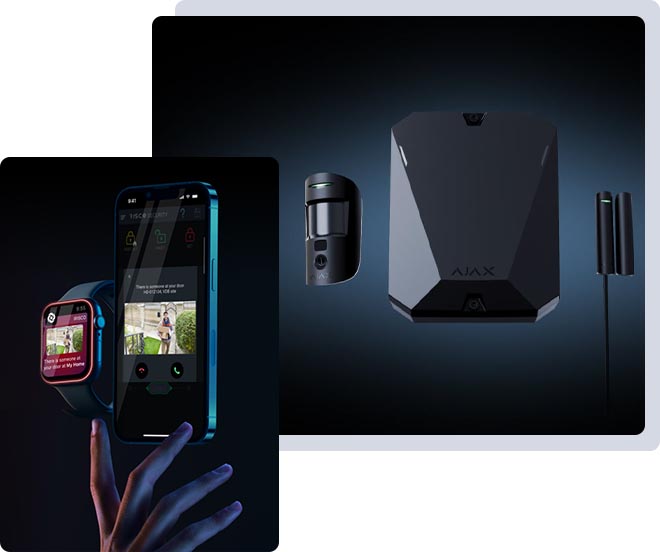 Système Ajax noir avec contrôle mobile et détection intelligente Système de sécurité Ajax noir avec centrale, détecteur, capteur magnétique et application mobile affichée sur smartphone et montre connectée.