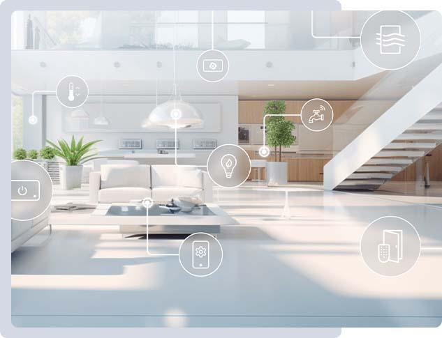 Maison intelligente avec système d’alarme intégré Salon connecté avec dispositifs de sécurité, alarme et automatisation domotique intégrés.